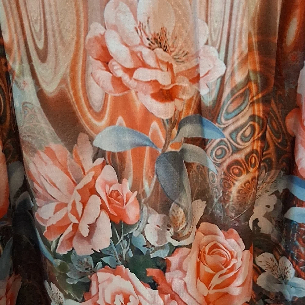 Peach Floral Pintuck Peasant Tunic with Button Placket - Picture 2 of 5